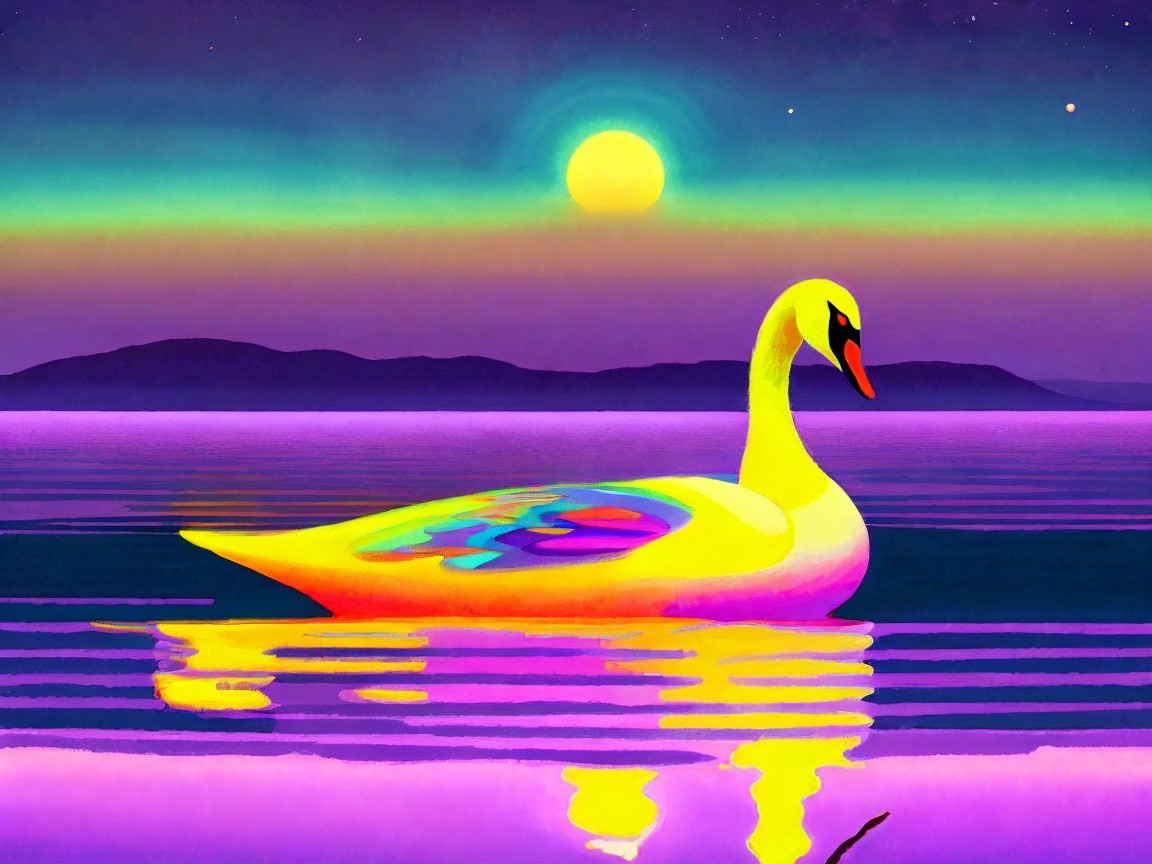 Majestic swan on a colorful serene lake at sunset