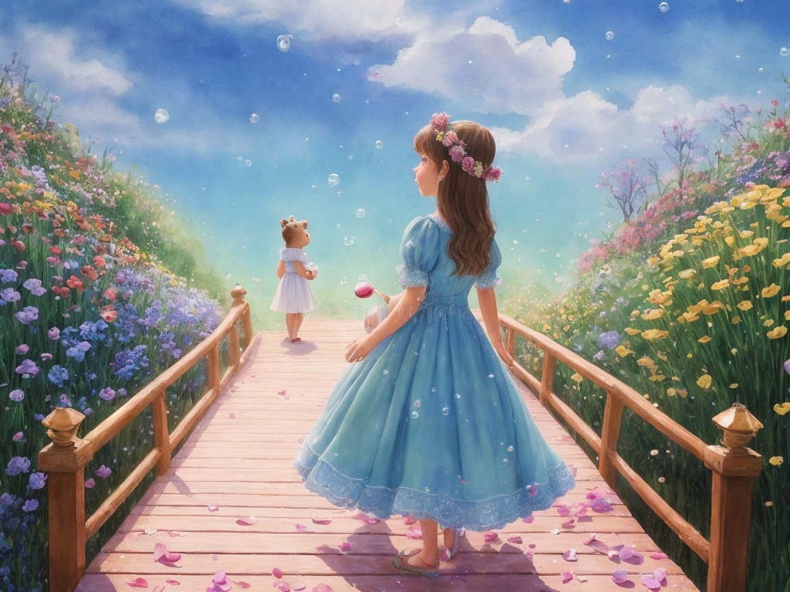 Young girl in blue dress on bridge with flowers