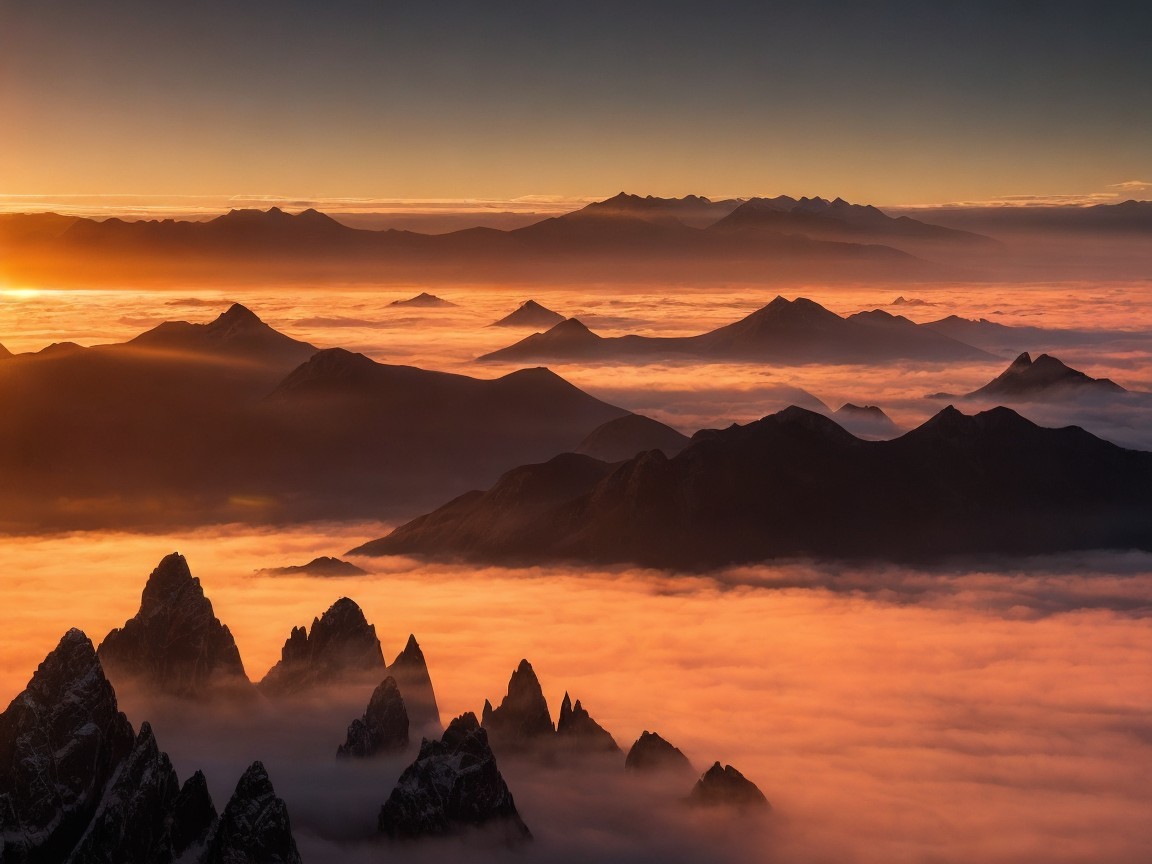 Fiery Orange Sunset Over Mountain Range with Clouds