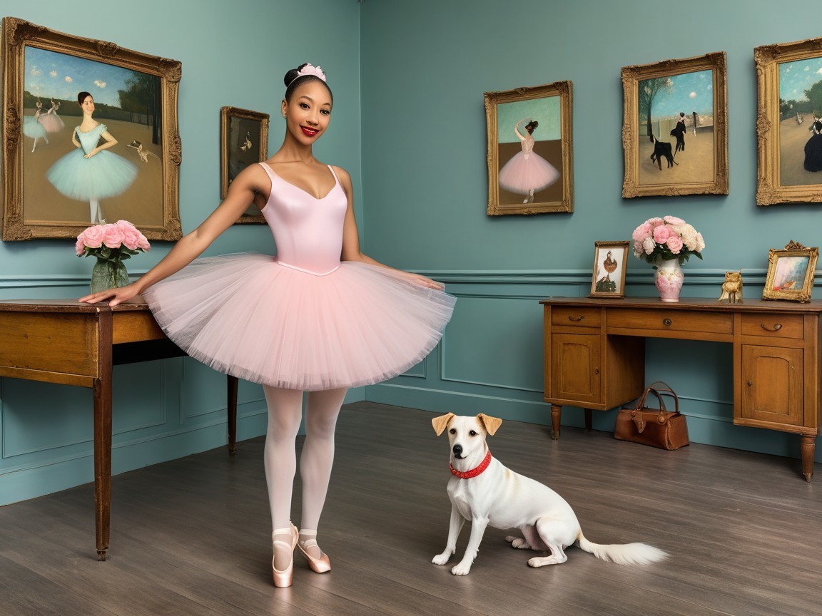 Ballet Dancer in Pink Tutu with Dog in Elegant Room