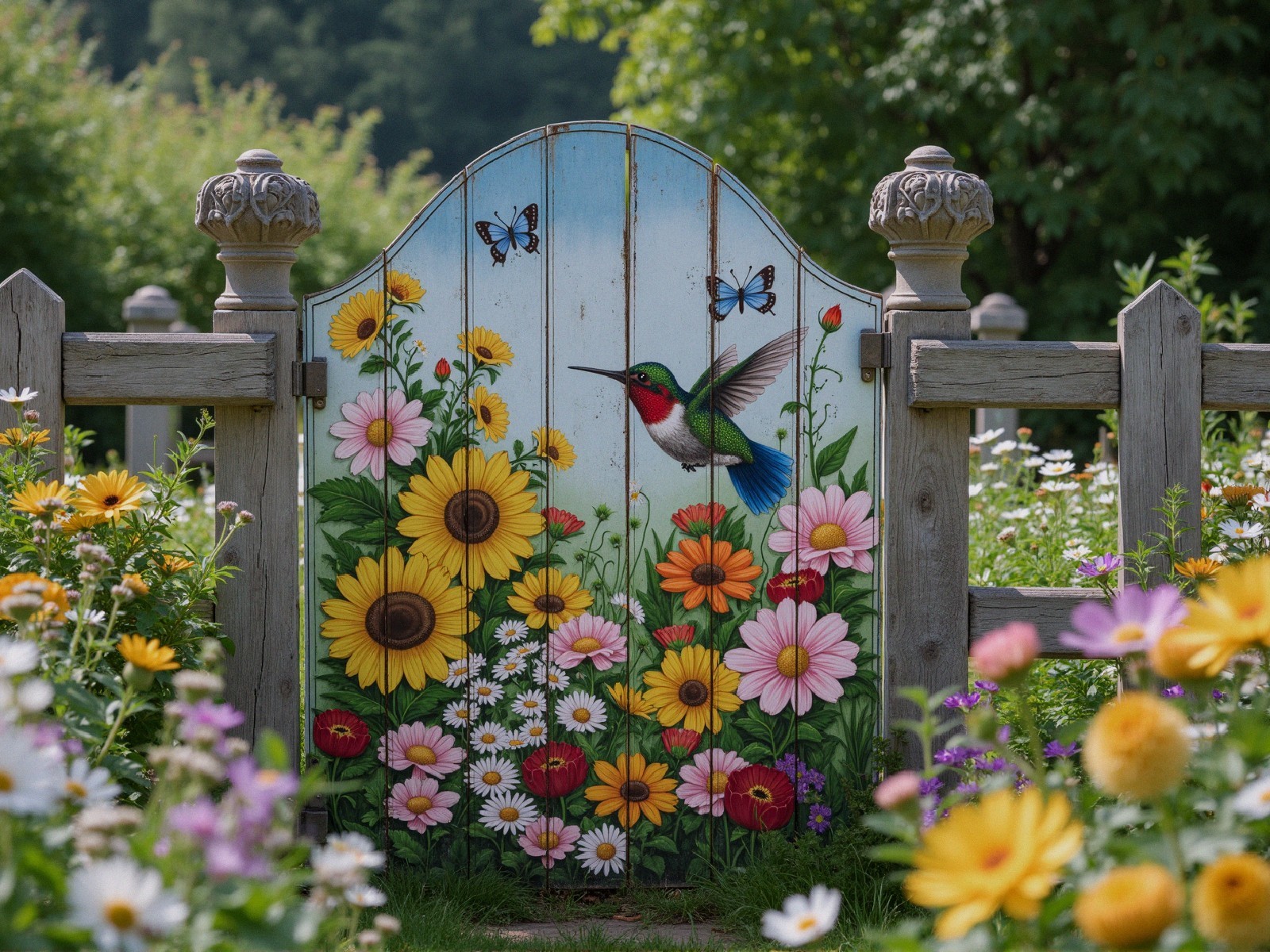 Vibrant Wooden Gate Surrounded by Colorful Flowers
