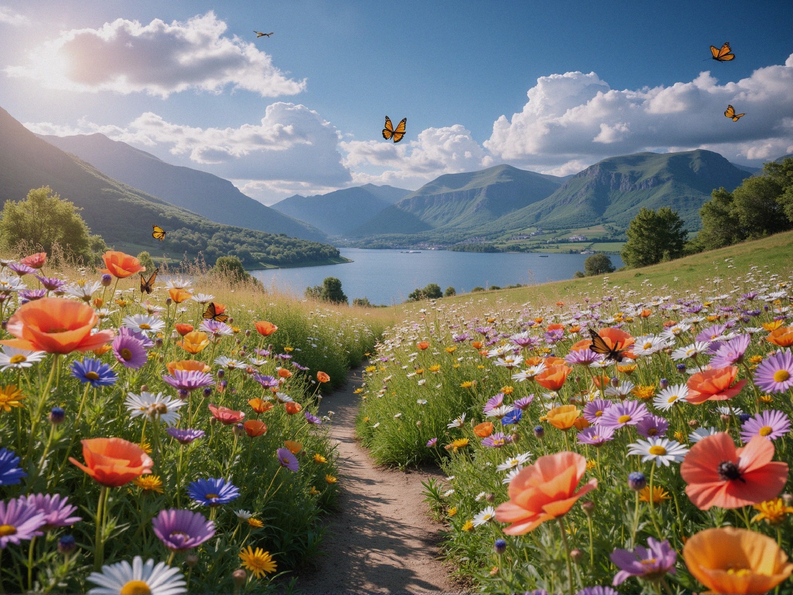 Vibrant Landscape with Wildflowers and Mountains
