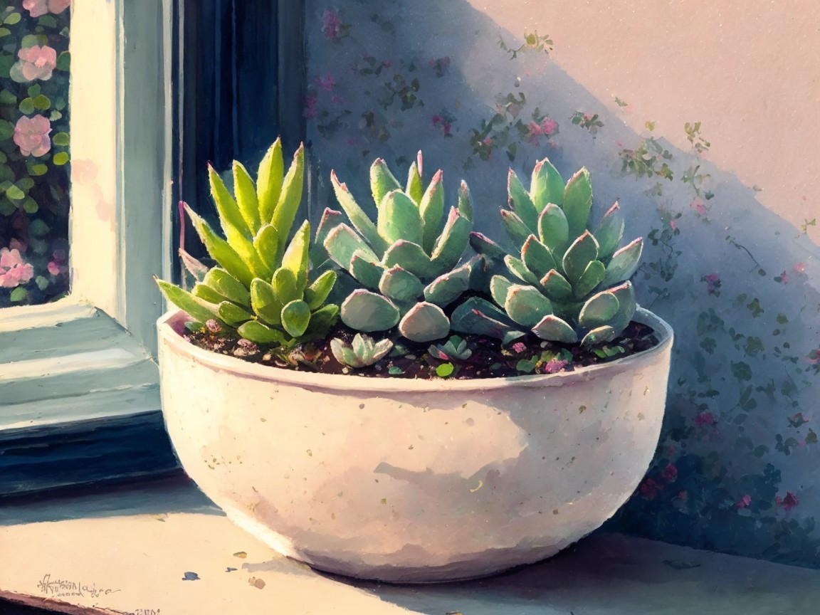 Vibrant Succulents in White Pot on Sunlit Windowsill