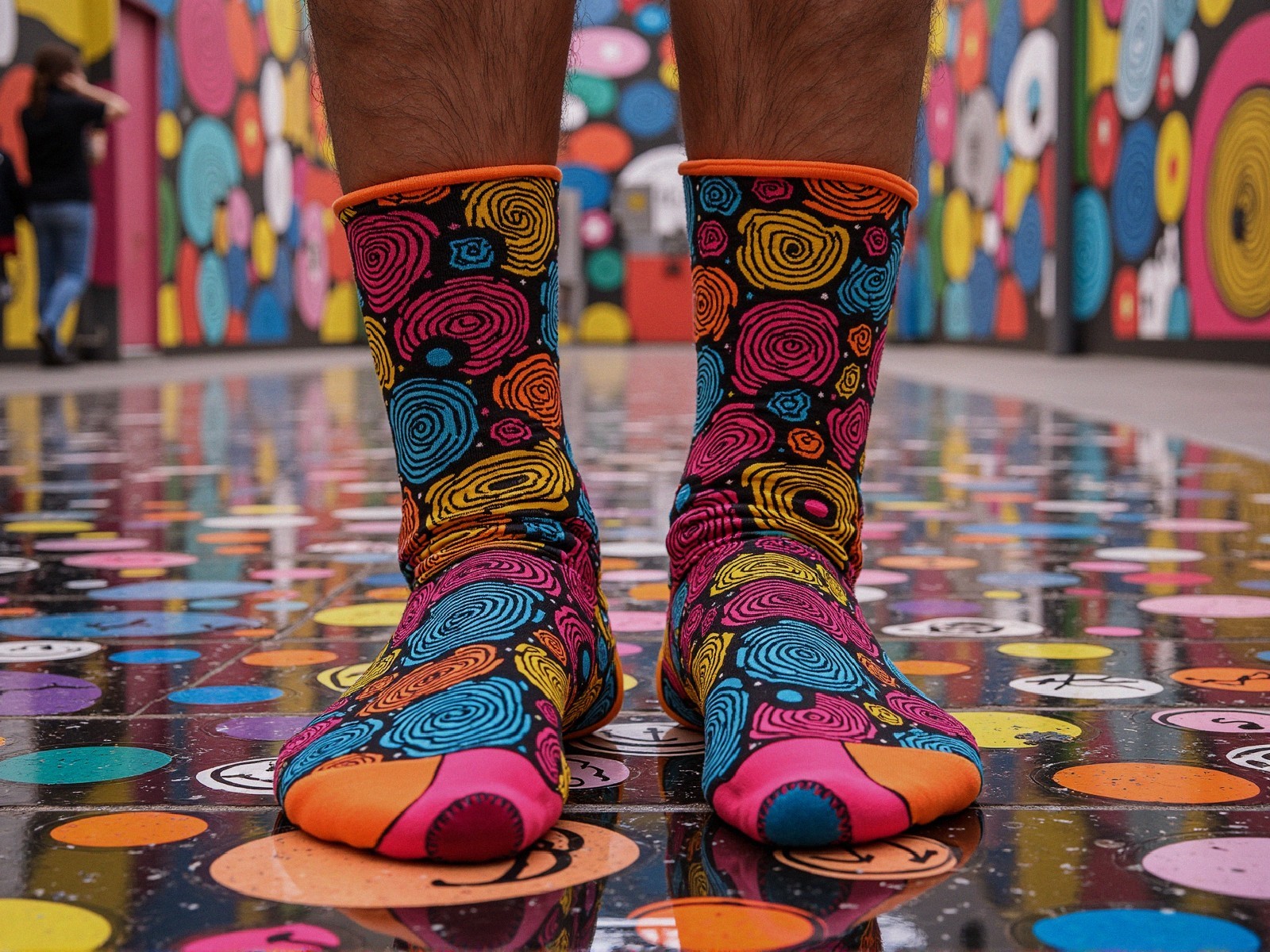 Brightly Colored Socks on Polka-Dotted Floor with Art