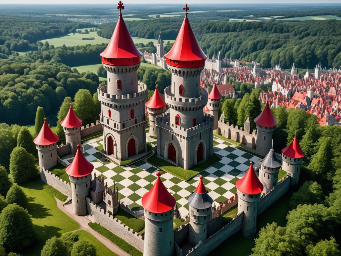 Grand castle with red roofs in lush landscape