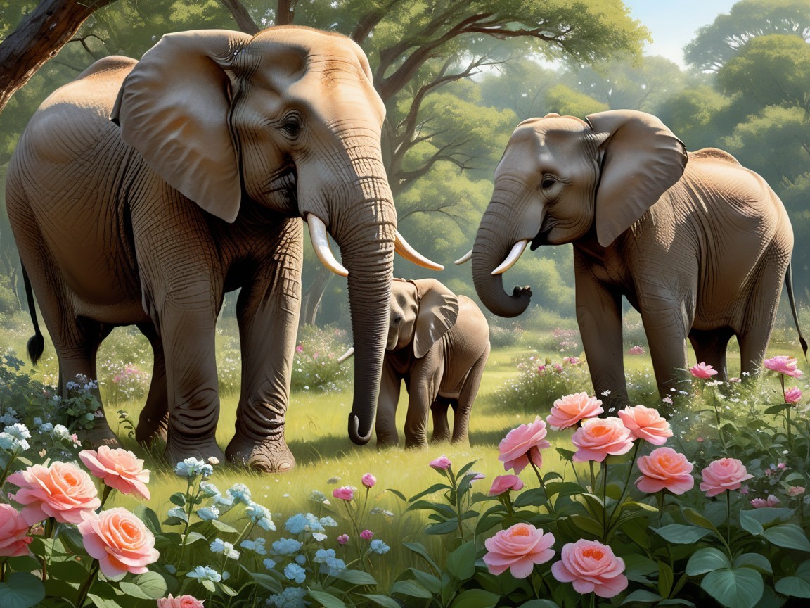 Elephants in a Lush Landscape with Vibrant Flowers