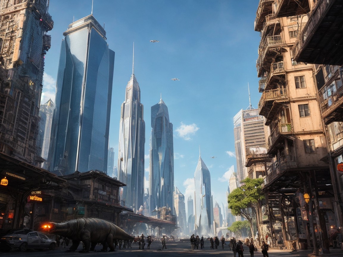 Futuristic cityscape with skyscrapers and dinosaur presence
