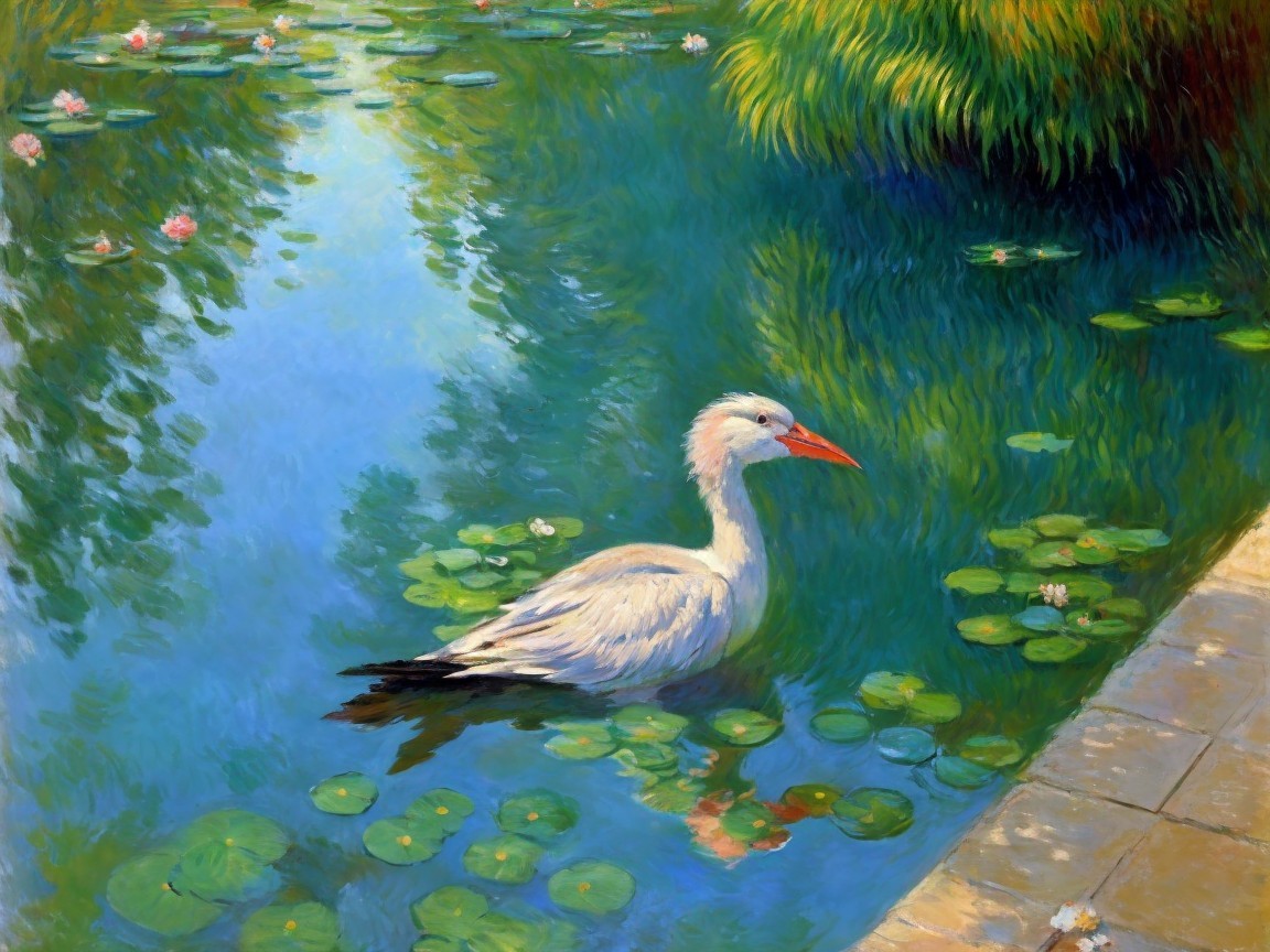 White Bird on Tranquil Pond with Lily Pads and Lotus
