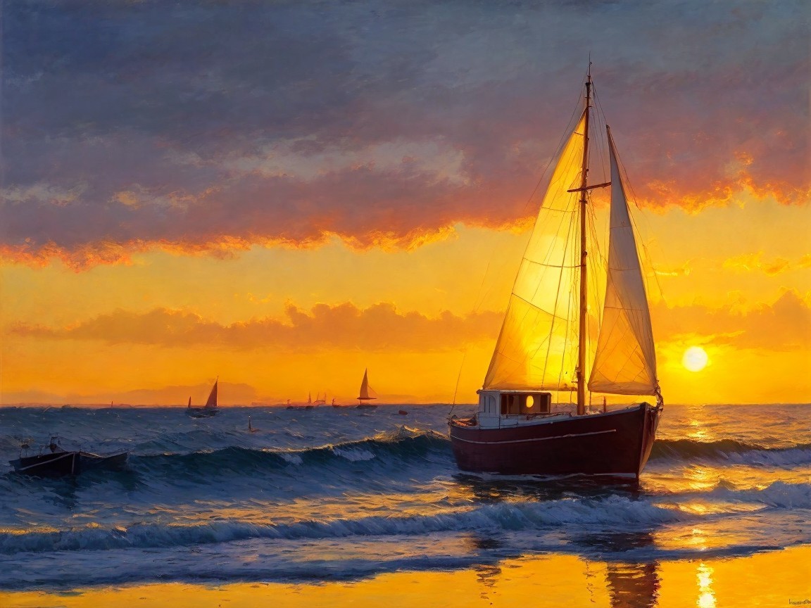Serene Seascape at Sunset with Sailing Boat