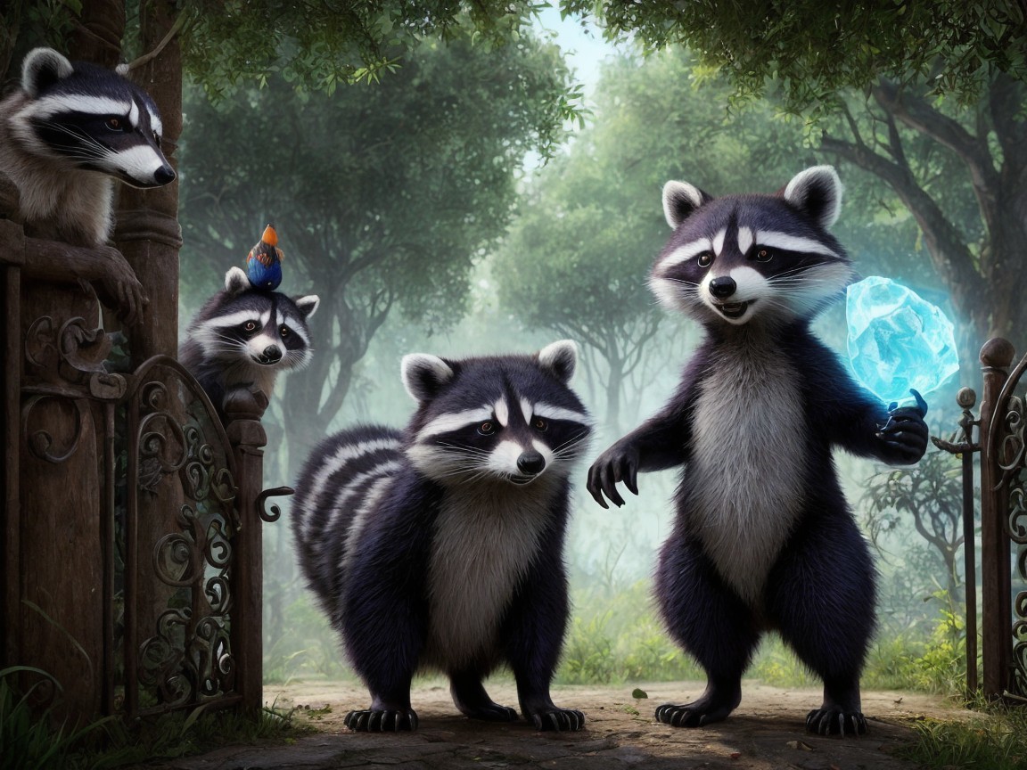 Raccoons and Bird in Enchanted Forest Scene