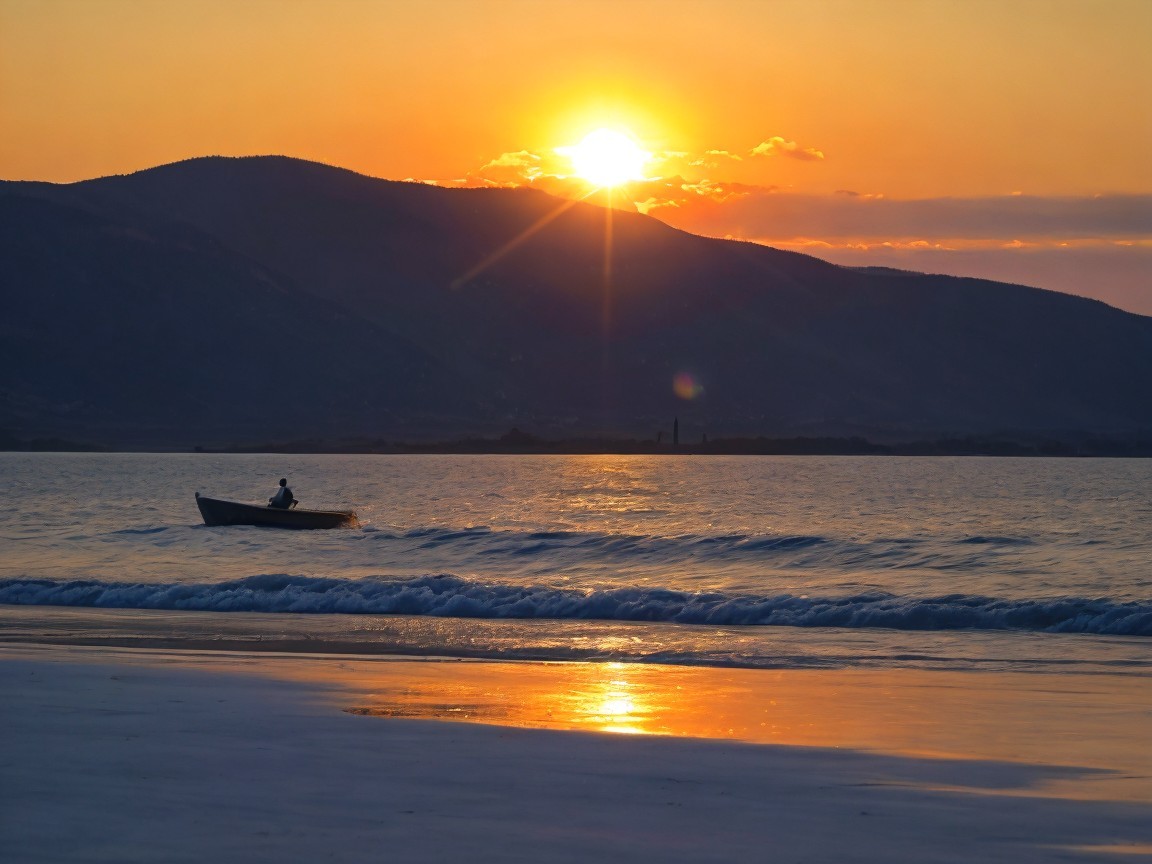 Sunset Scene with Boat on Water and Rolling Hills