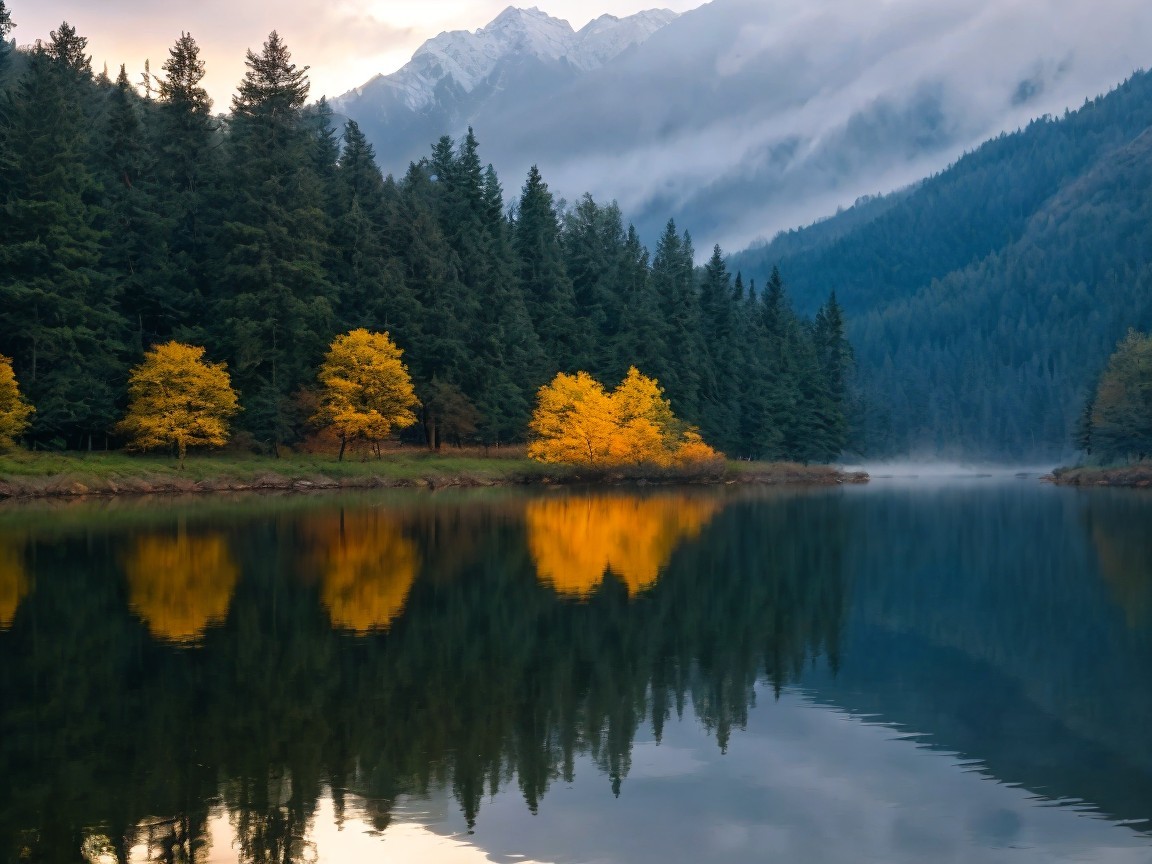 Tranquil Lake Surrounded by Autumn Foliage and Mist