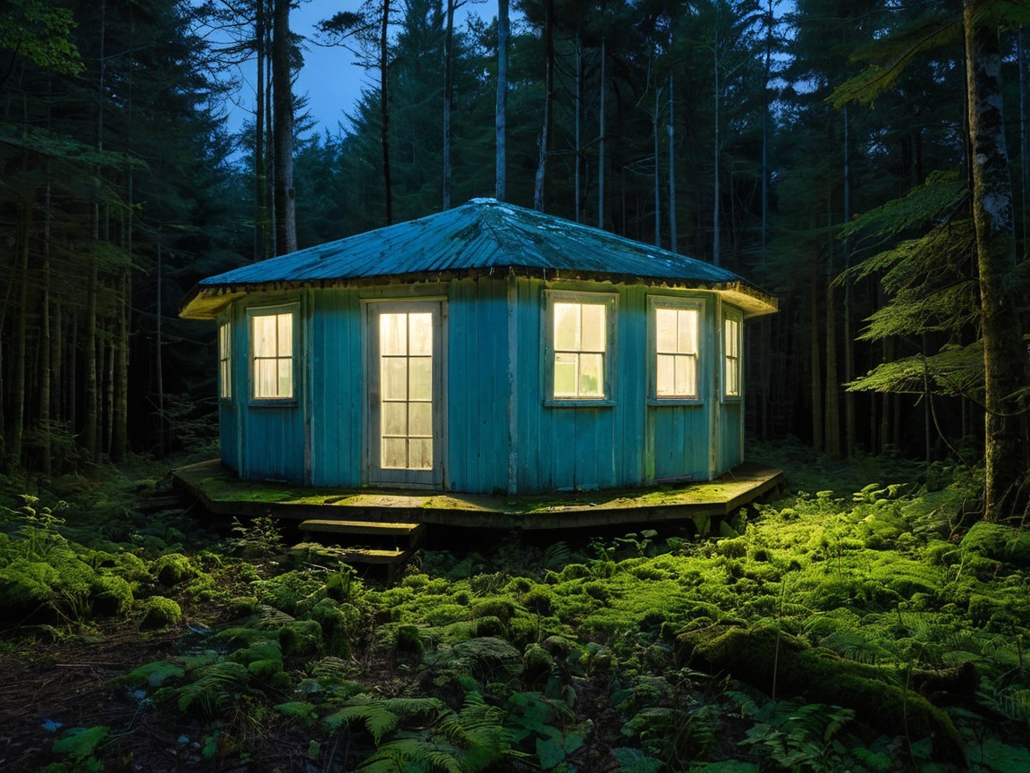 Circular Cabin in Forest at Dusk with Warm Glow