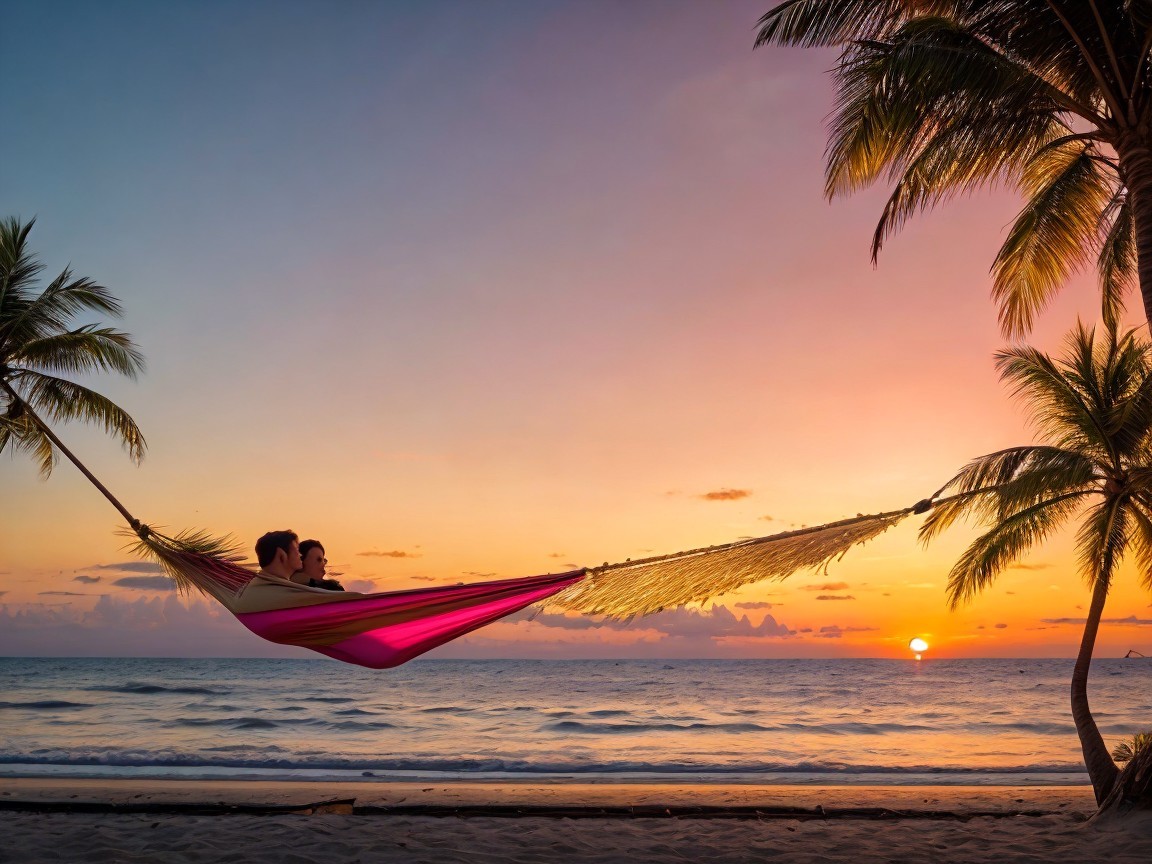 Serene beach sunset with hammock between palm trees