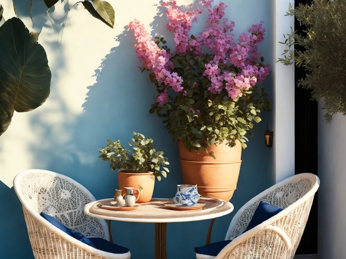Charming Outdoor Setting with Table and Bougainvillea