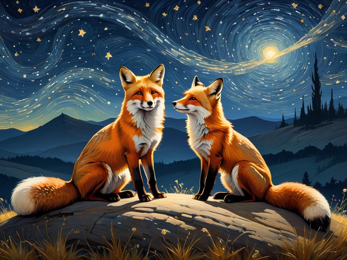 Vibrant Foxes in a Starry Night Landscape