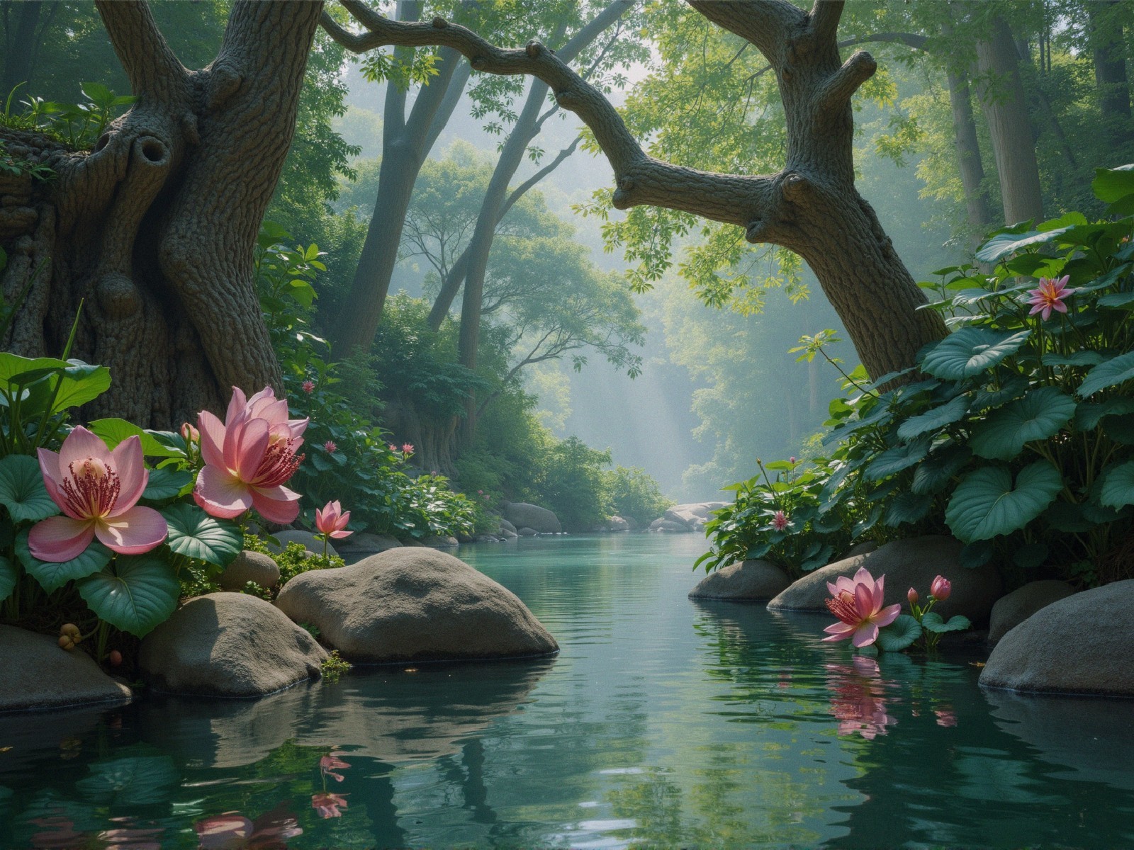 Misty Forest with Tranquil River and Lotus Flowers