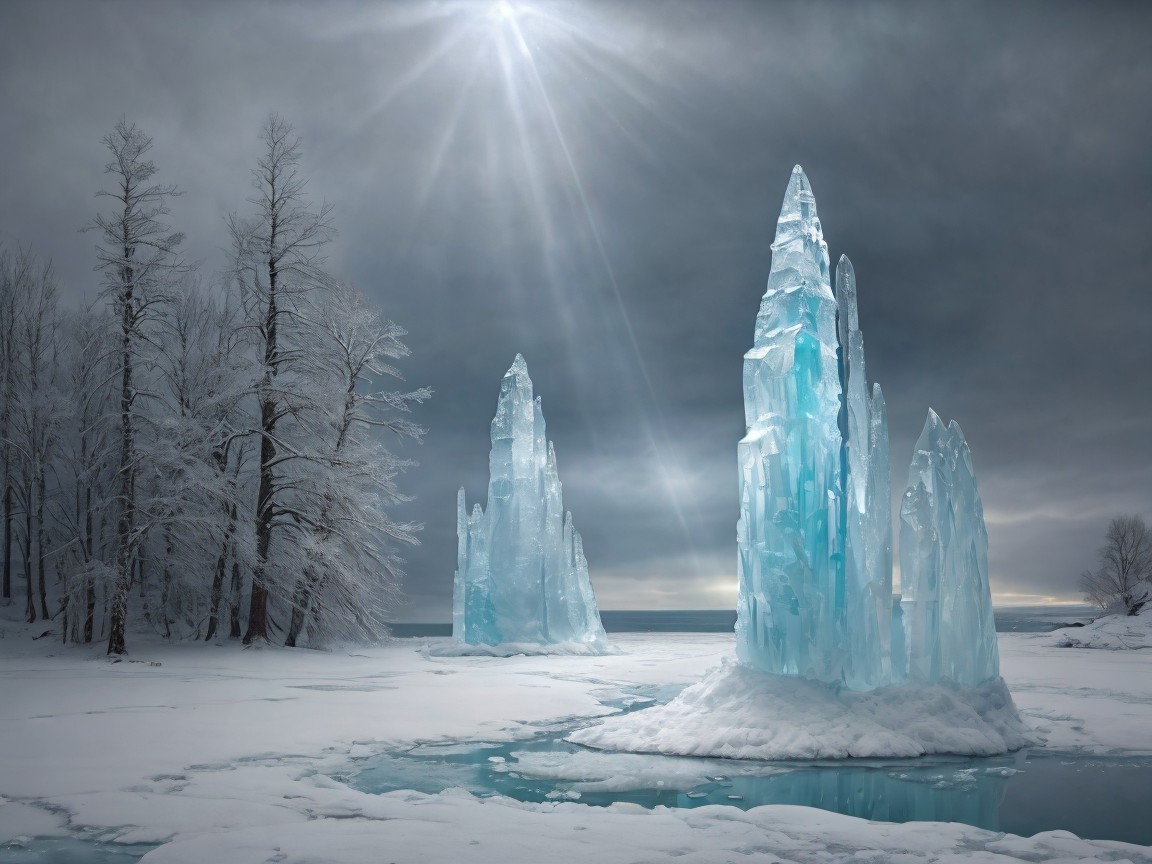 Serene Winter Landscape with Ice Formations and Snow