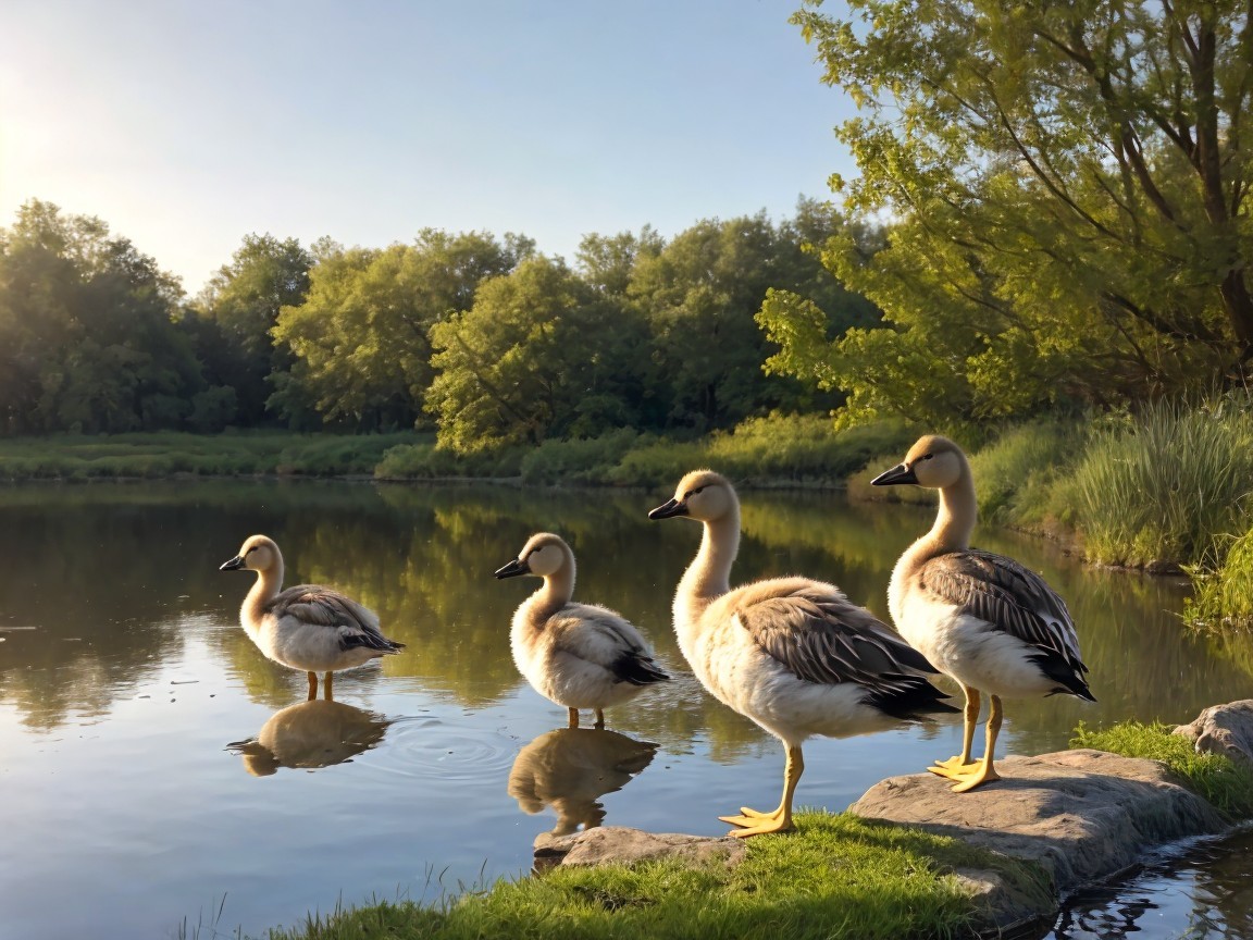 Serene Pond Scene with Young Ducks and Lush Greenery