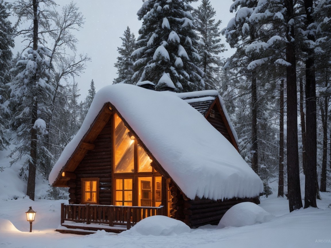 Cozy Wooden Cabin in a Snowy Forest Setting