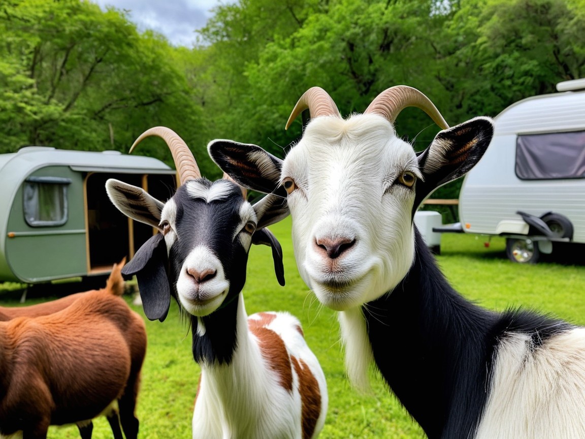 Goats in a Lush Green Setting with Camper Trailer