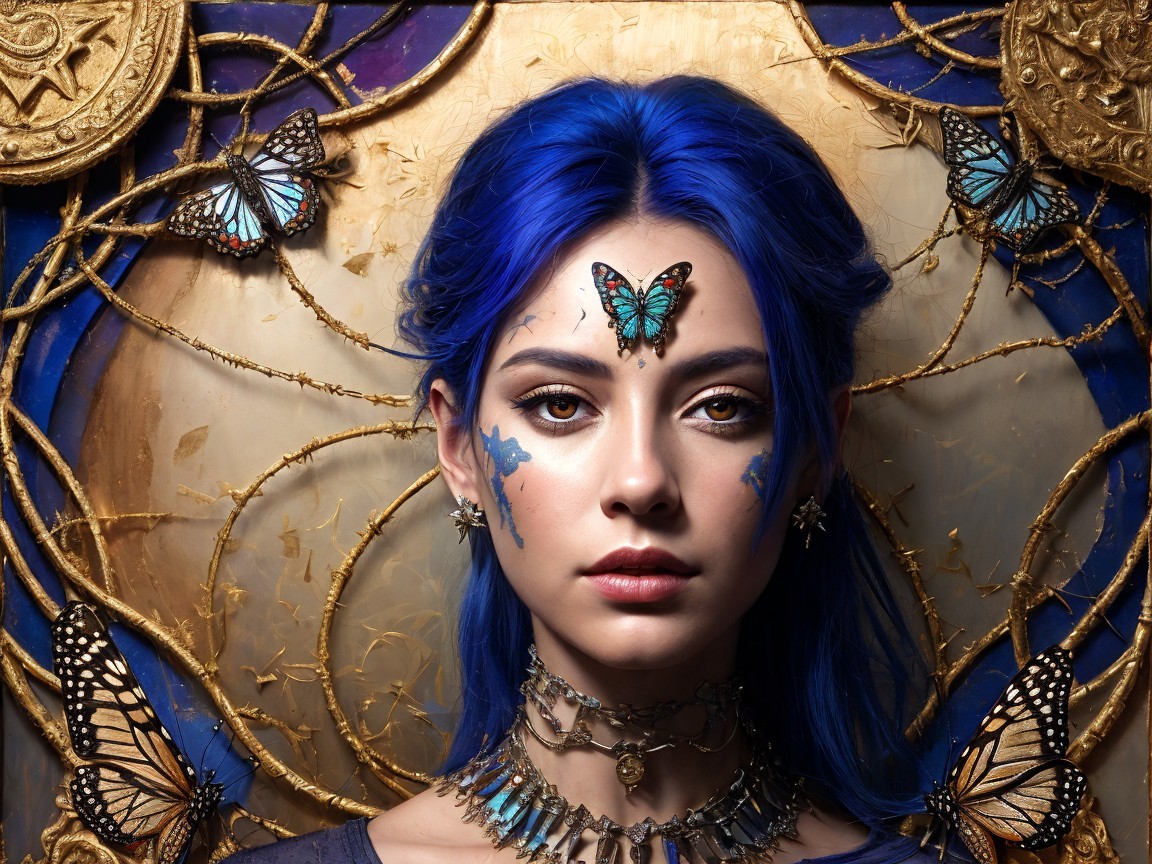 Young woman with blue hair and butterfly tattoos