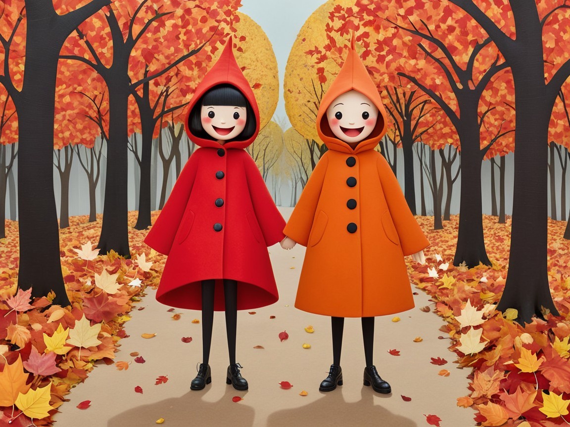 Children in Colorful Coats in Autumn Forest