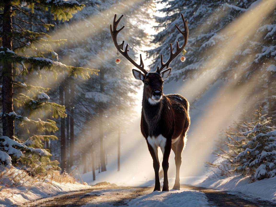 Majestic Deer with Antlers in Winter Forest Scene