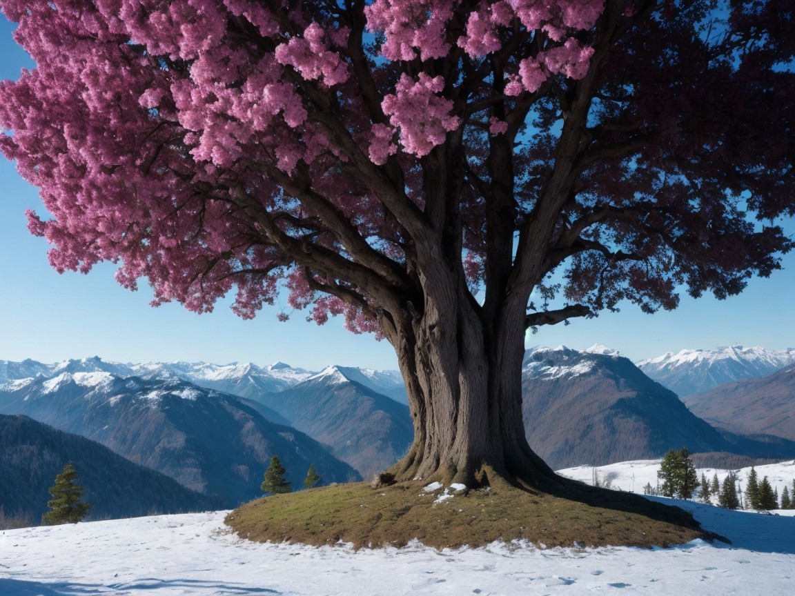 Large tree with pink leaves and snowy mountain backdrop