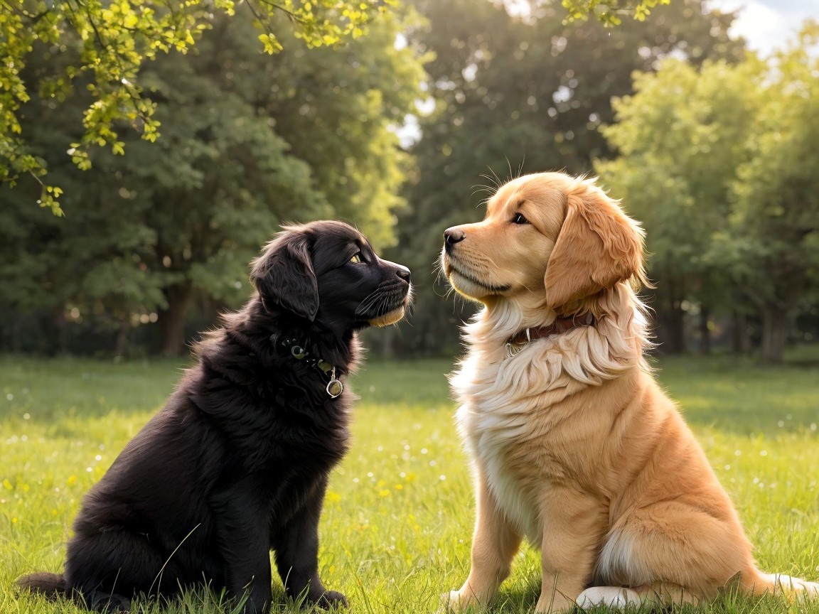 Puppies on Green Lawn in Sunlit Serenity