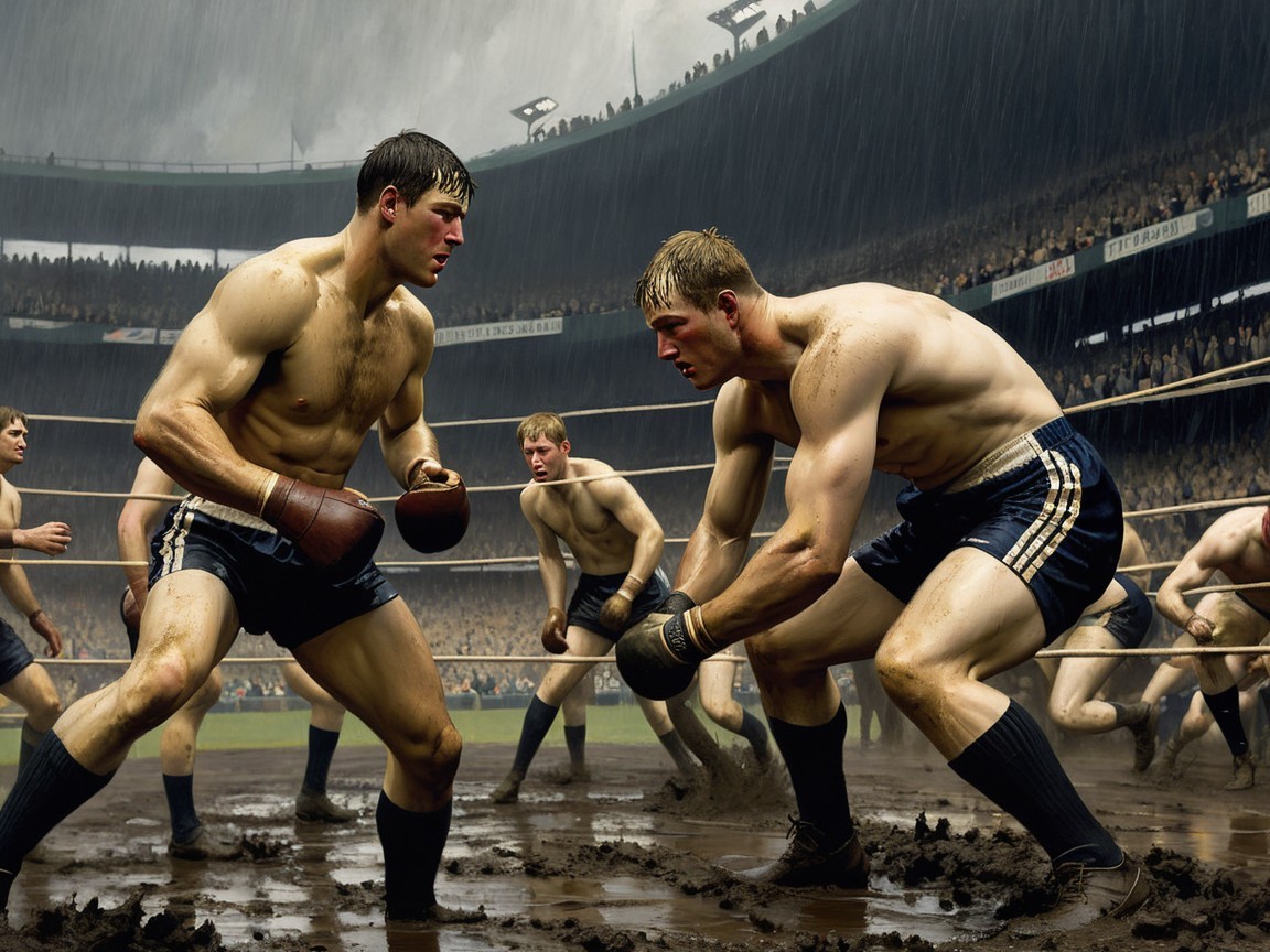 Boxers Compete in Muddy Ring at Rain-Soaked Stadium