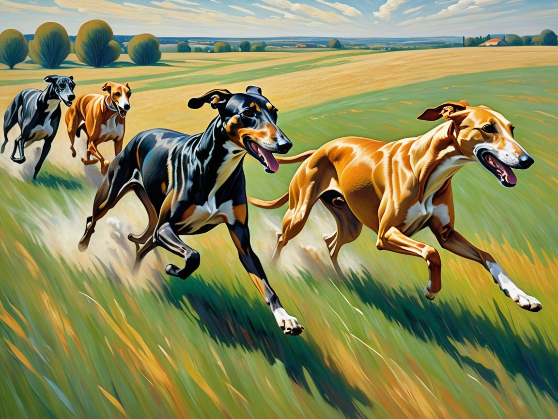 Colorful Painting of Greyhounds in a Green Field