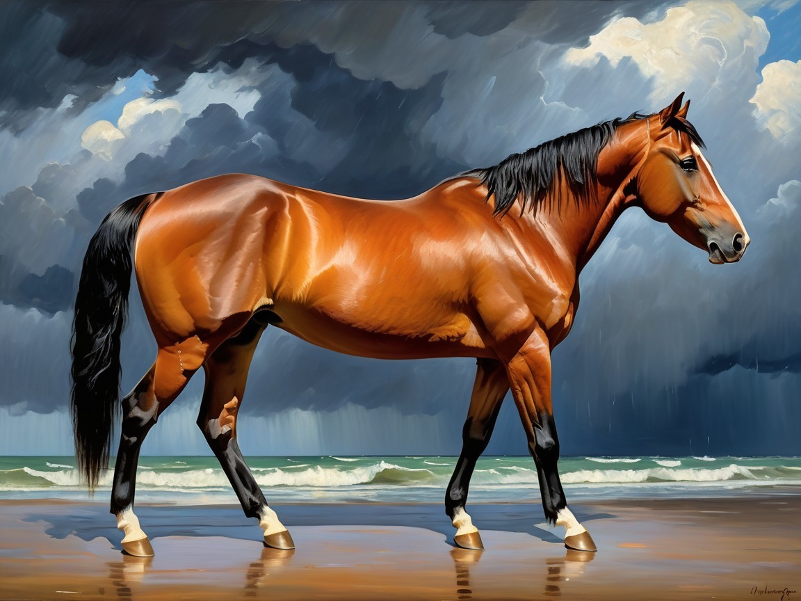 Brown horse on sandy beach with stormy backdrop