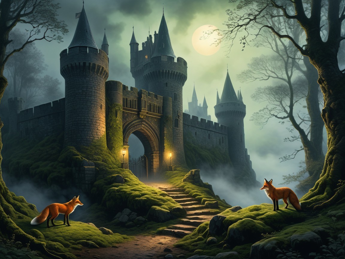 Mystical castle in foggy forest with illuminated spires