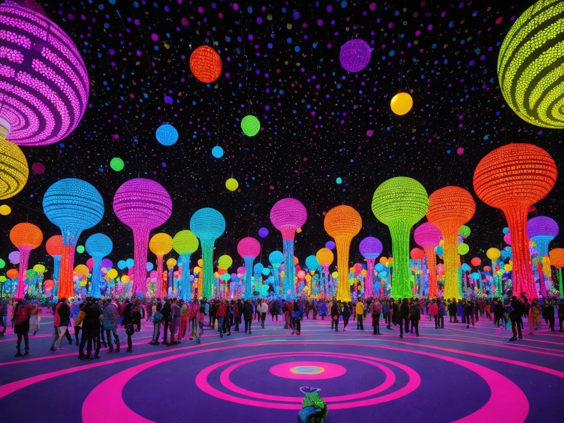 Vibrant Light Installation with Colorful Orbs and Trees