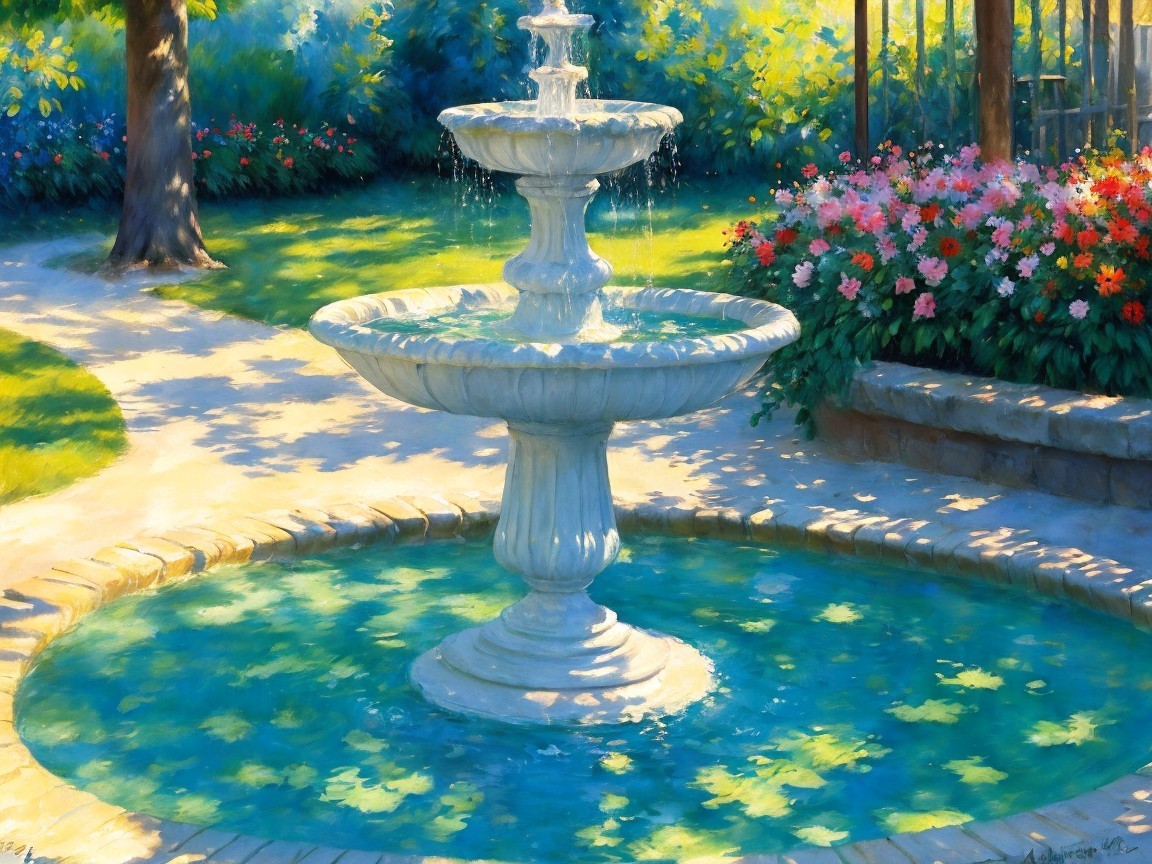 Serene Garden with Tiered Fountain and Lush Greenery