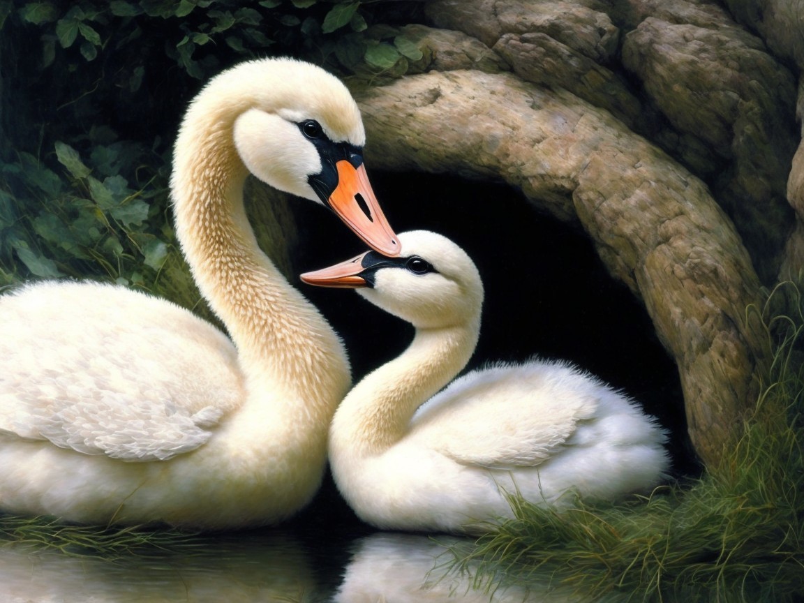 Elegant Swans and Cygnet by Serene Waterway