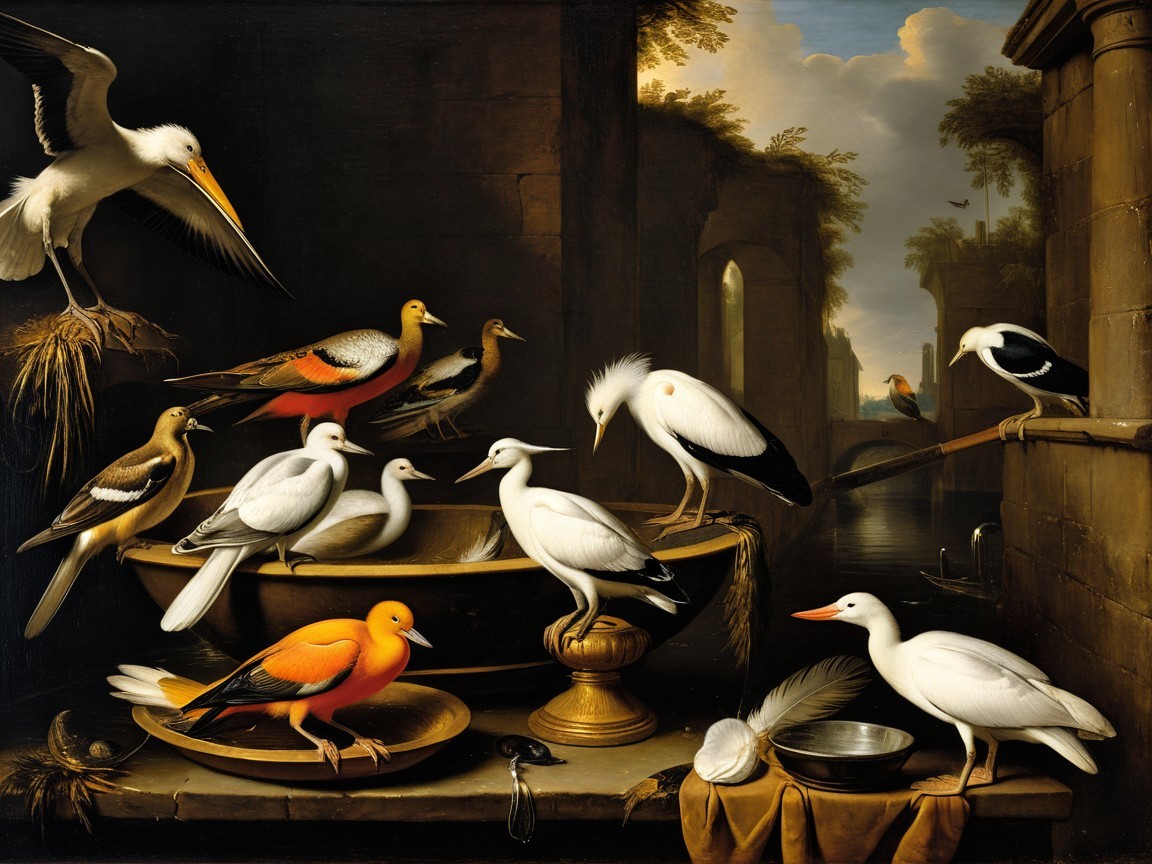 Birds Around a Basin with River and Architecture