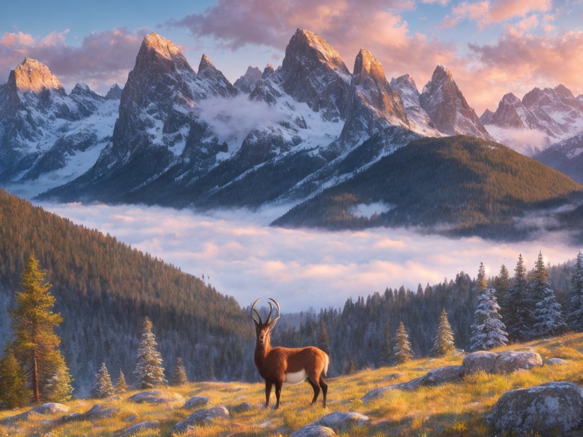Majestic Mountain Landscape with Deer at Dawn