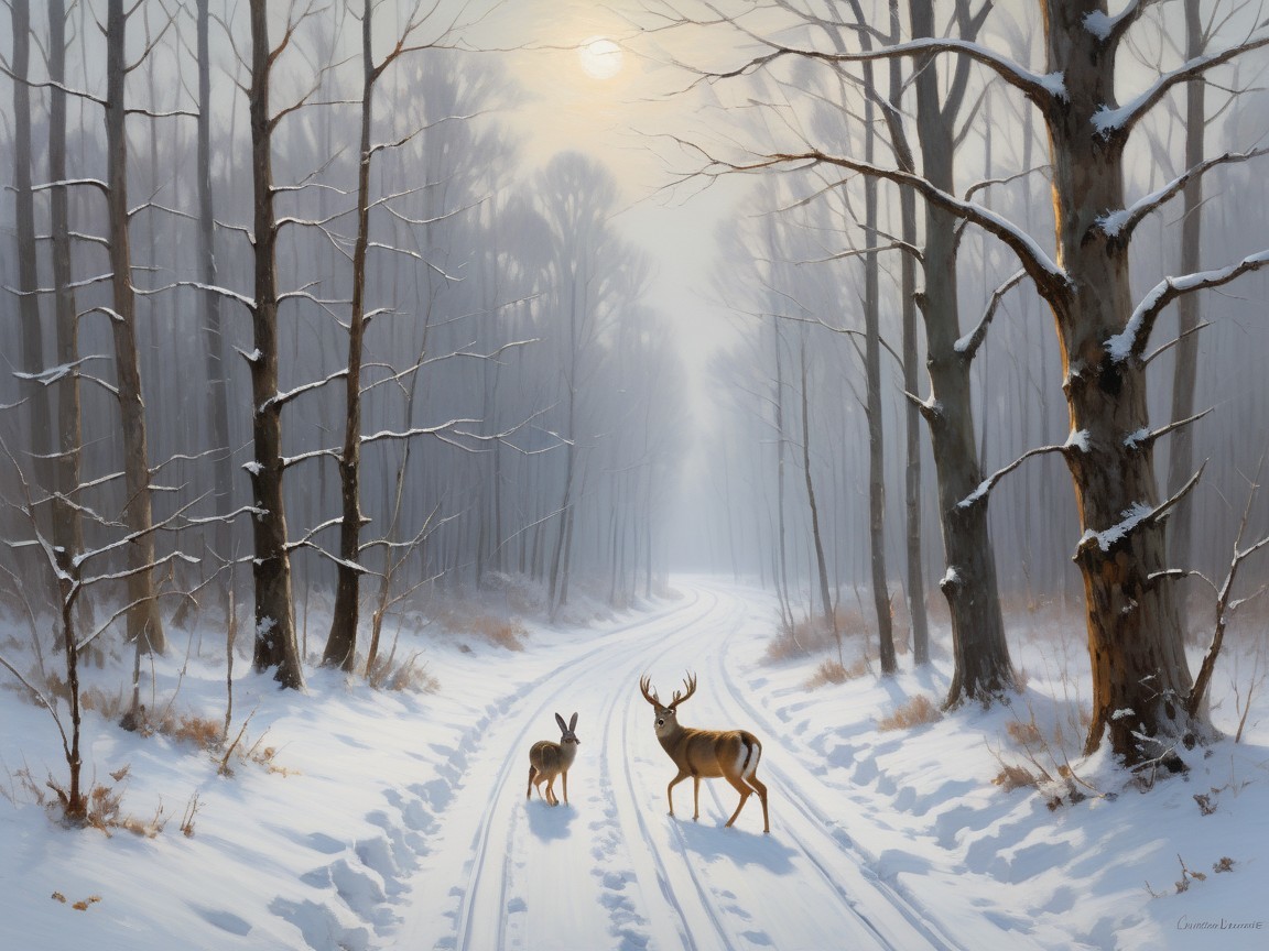 Winter Landscape with Snowfall and Forest Creatures