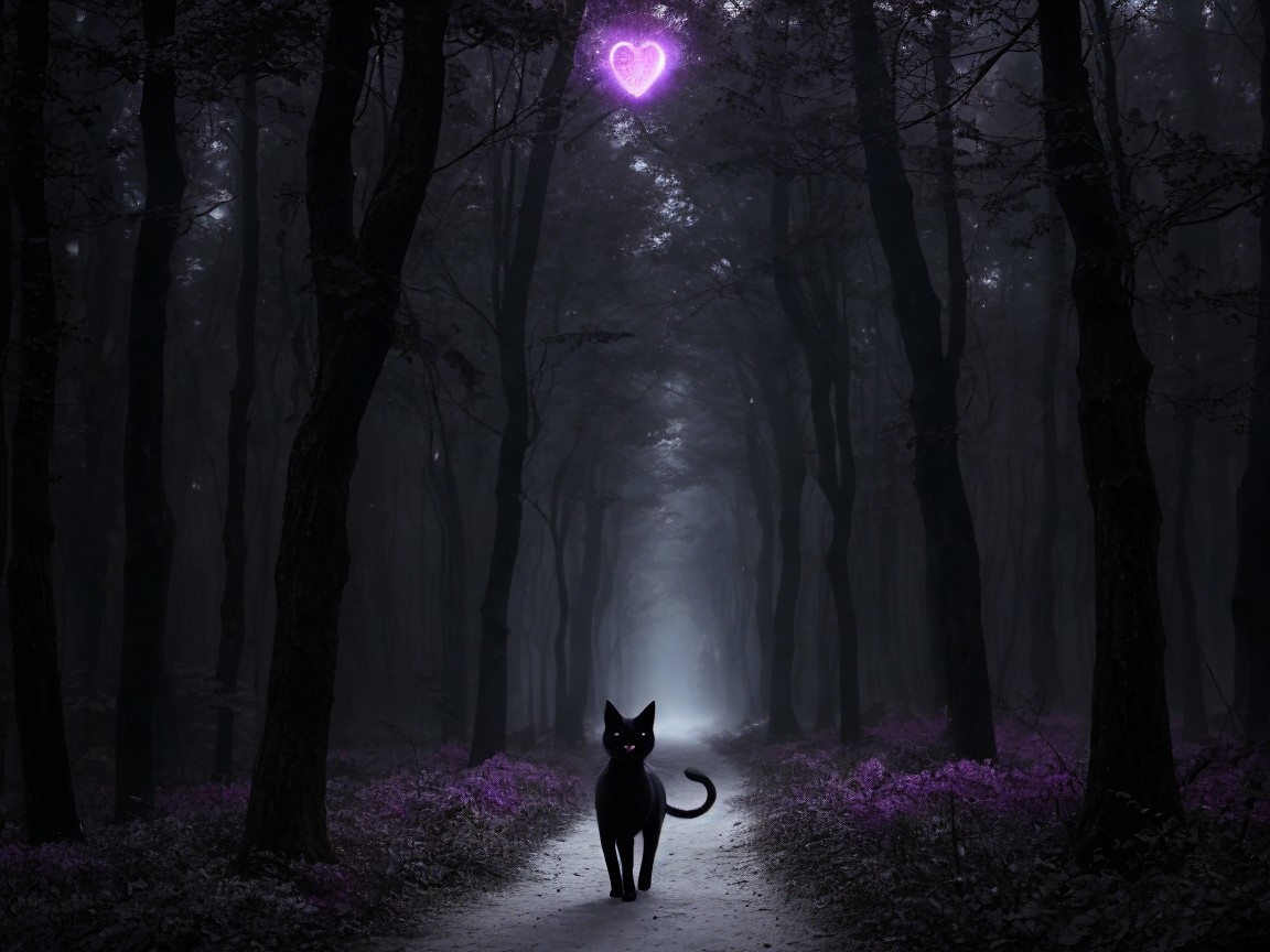 Mysterious forest scene with a black cat and glowing elements