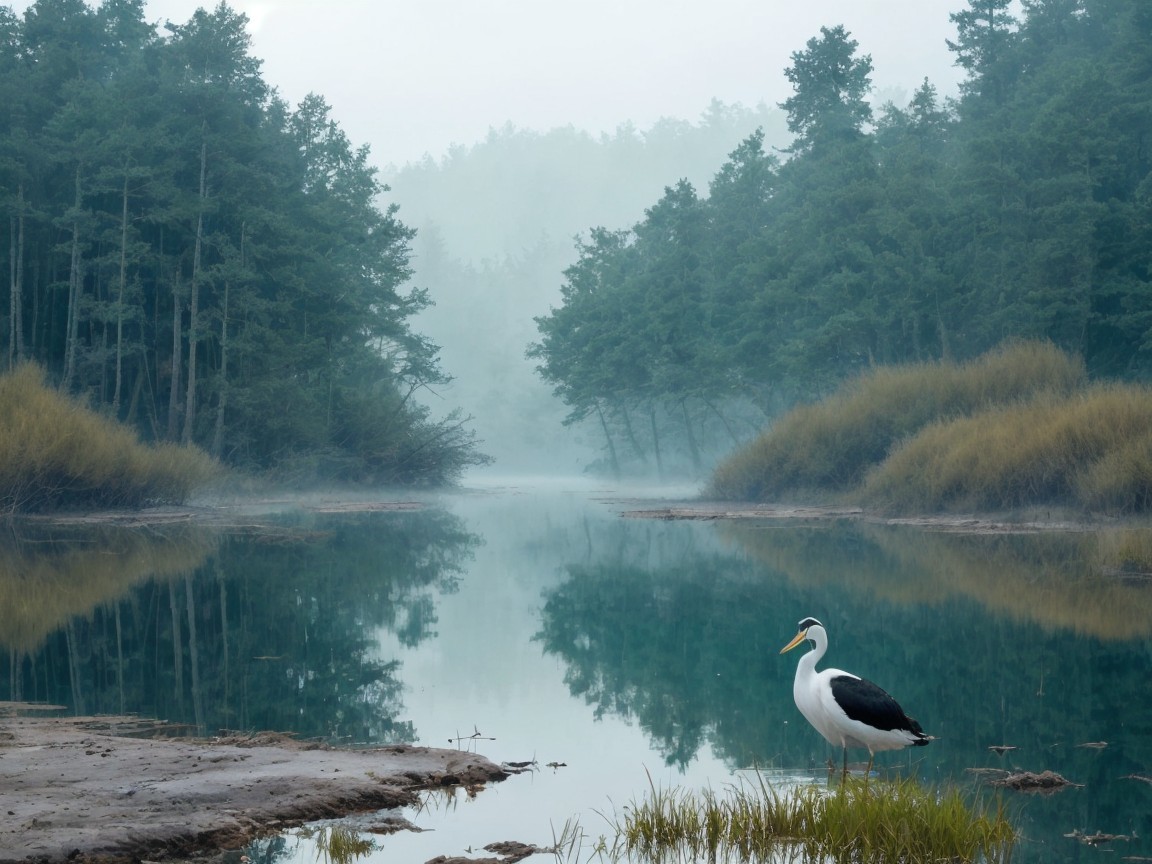 Serene river scene with mist and tall trees