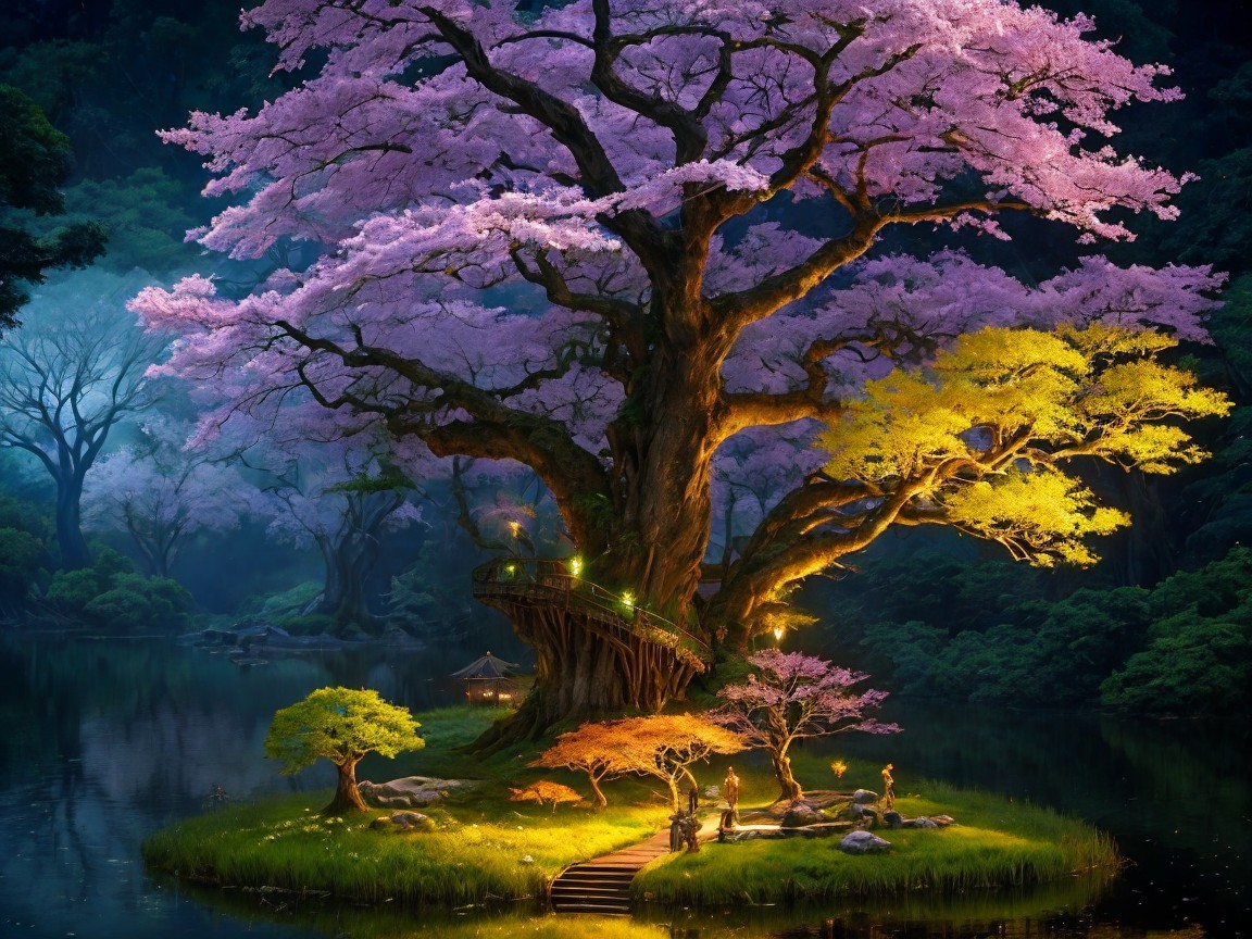 Majestic tree with pink blossoms by tranquil lake