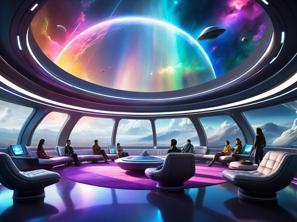 Futuristic Lounge with Nebula View and Modern Design