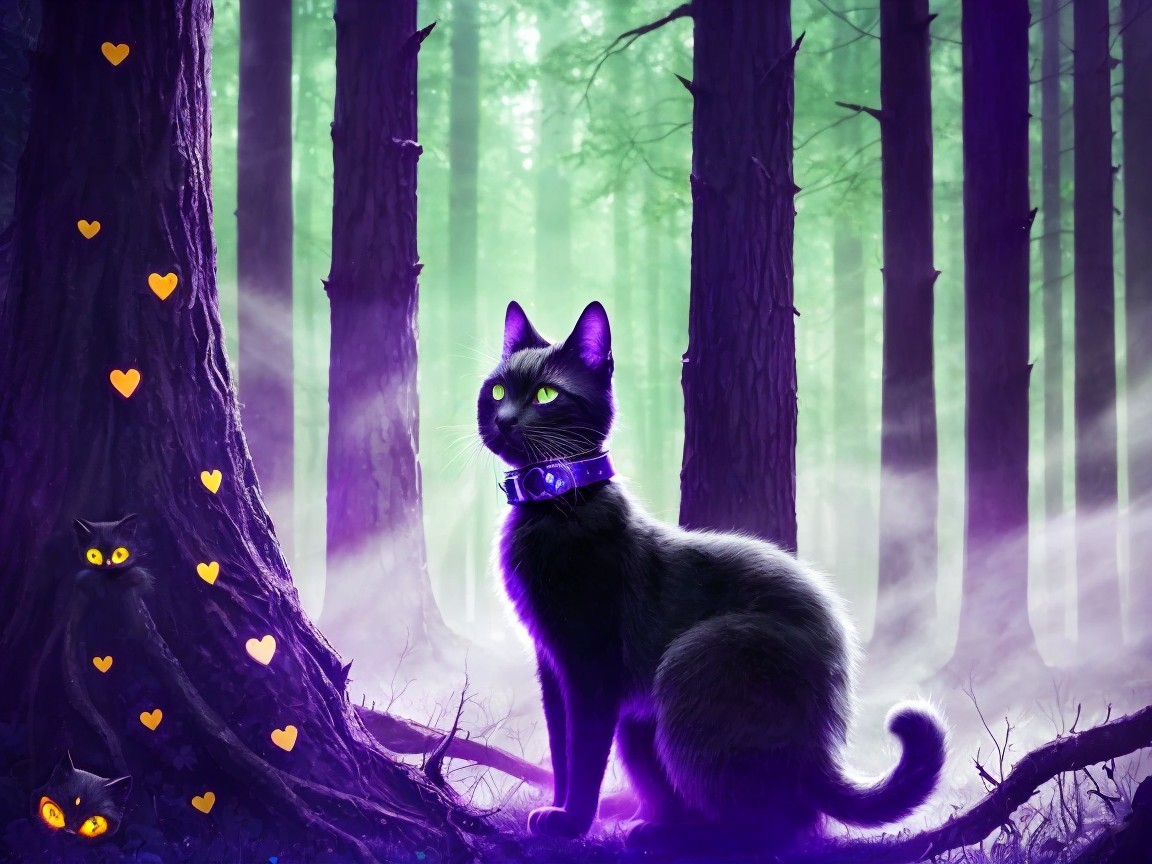 Mystical forest scene with black cat and glowing eyes