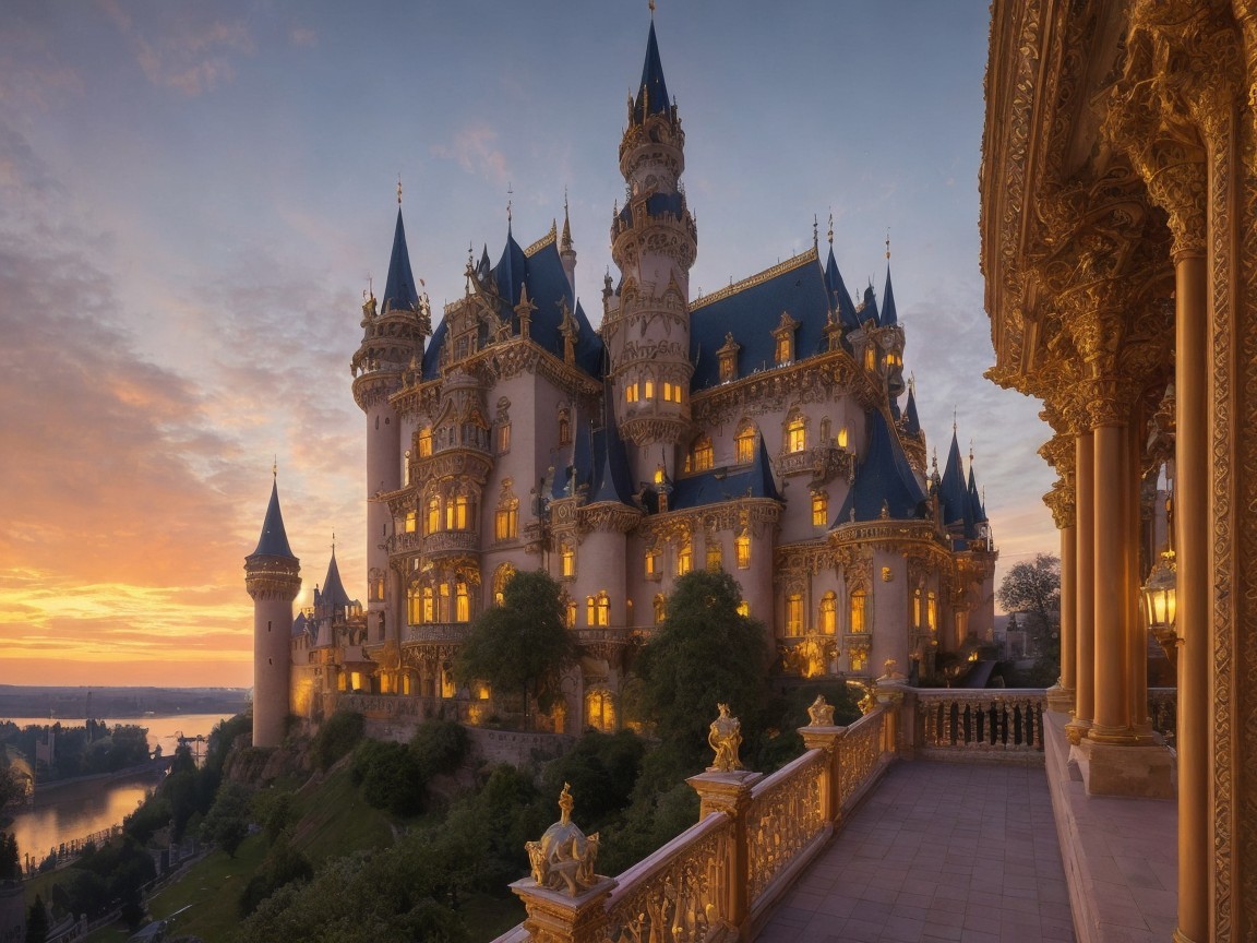 Majestic castle with colorful sunset backdrop