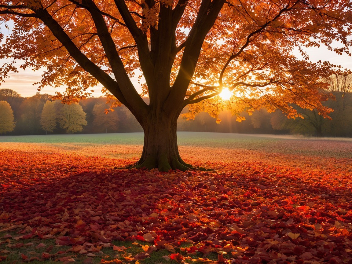 Majestic tree in autumn landscape with vibrant foliage