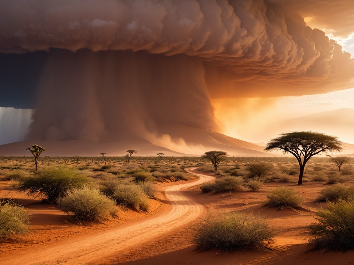 Dramatic Desert Landscape with Rain and Sunset Hues