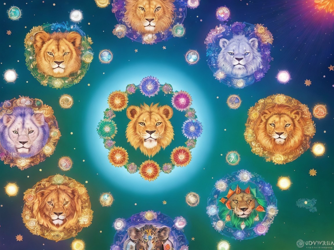 Celestial Lion Design with Floral Wreaths and Stars