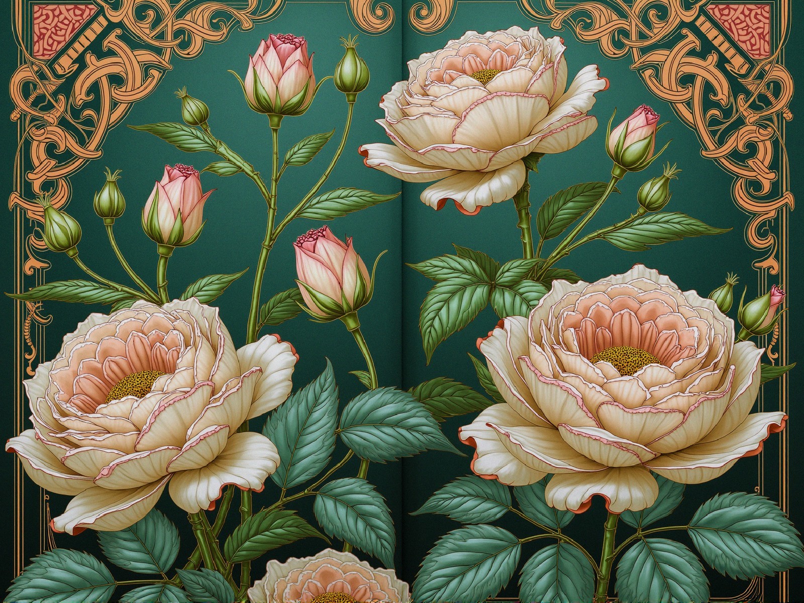 Intricate Floral Design with Creamy Roses and Greenery